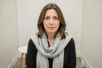 Femme photographiée de face sur fond blanc pour une photo d'identité dans un photomaton de pharmacie