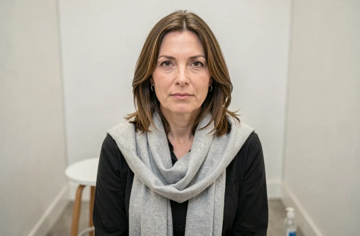 Femme photographiée de face sur fond blanc pour une photo d'identité dans un photomaton de pharmacie
