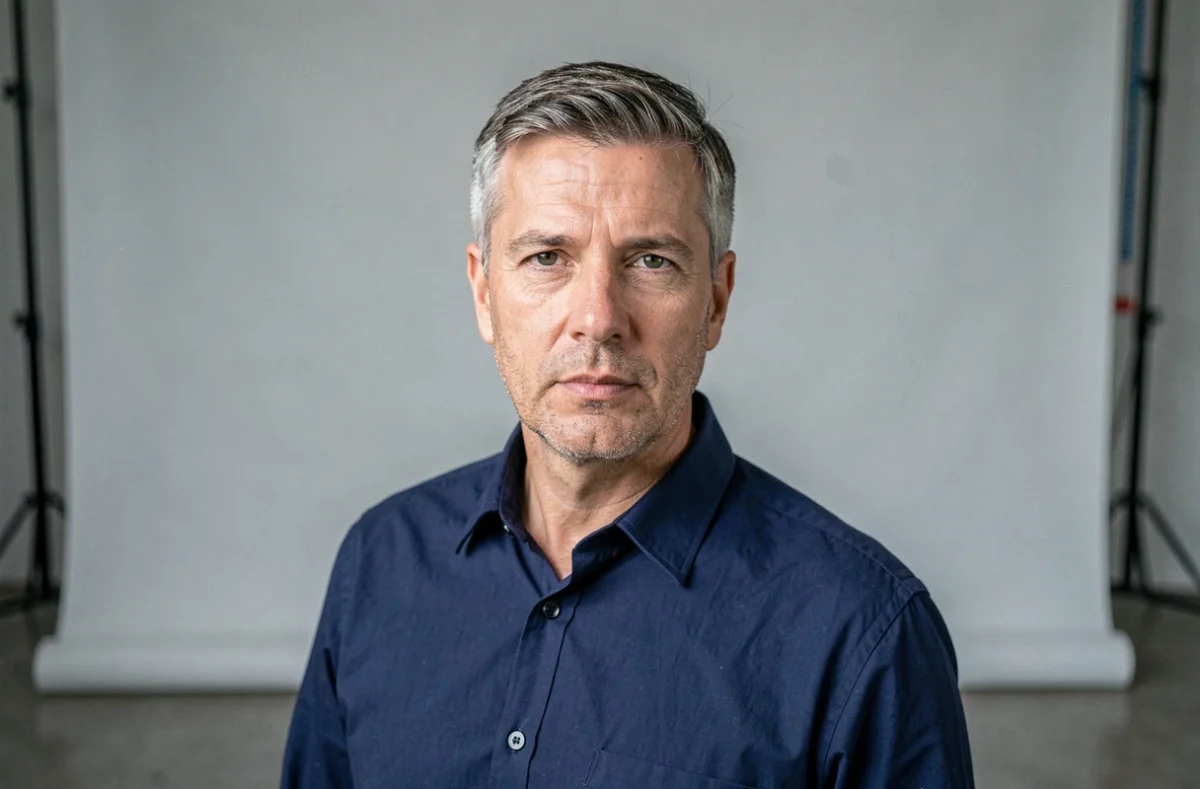 Homme en chemise bleu marine posant pour une photo d'identité dans un studio photo professionnel