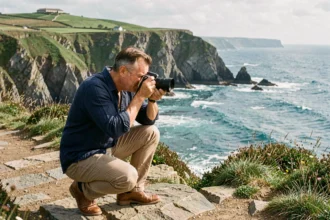 Photographe professionnel en train de shooter sur le littoral basque avec falaises et océan Atlantique en arrière-plan