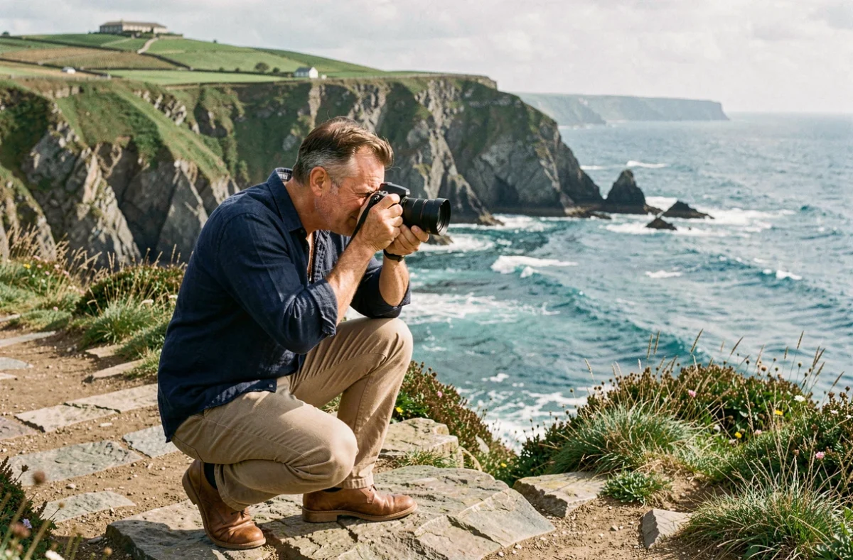 Photographe professionnel en train de shooter sur le littoral basque avec falaises et océan Atlantique en arrière-plan