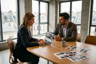 Photographe d'entreprise en réunion avec un client à Lyon pour discuter du budget d'un reportage photo
