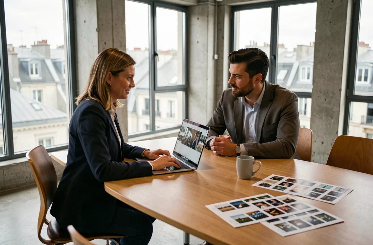 Photographe d'entreprise en réunion avec un client à Lyon pour discuter du budget d'un reportage photo