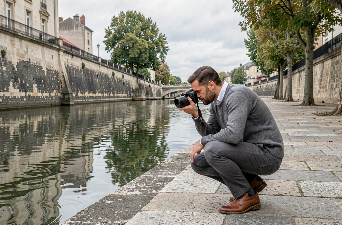 Photographe en extérieur capturant des détails architecturaux au bord de la Seine à Melun