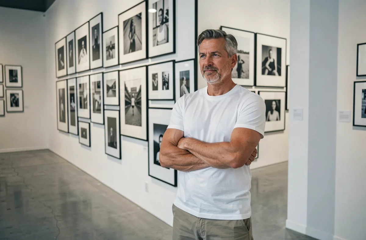 Photographe artistique masculin devant une galerie de tirages en noir et blanc dans un espace professionnel