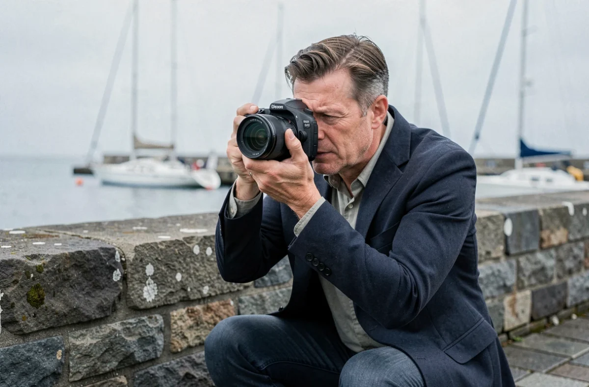 Photographe de mariage professionnel tenant son appareil photo devant le port de Brest en Bretagne