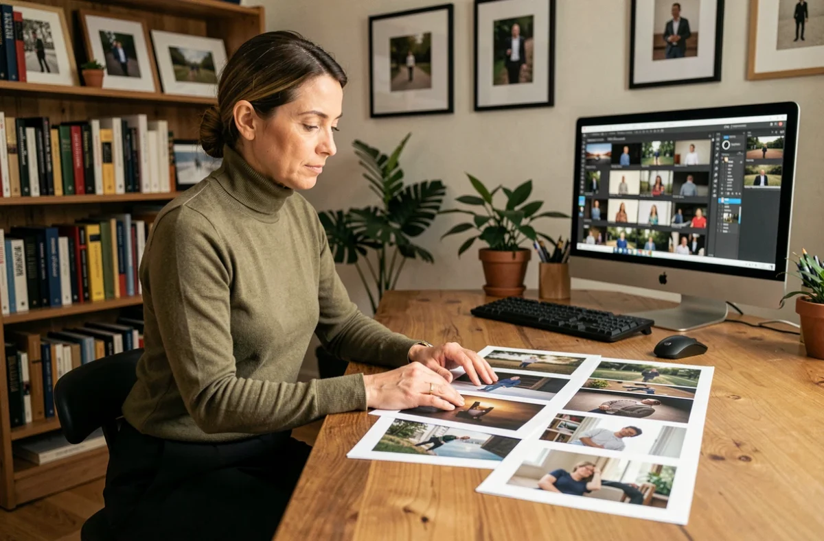 Photographe à Melun sélectionnant des tirages photo dans son bureau de retouche professionnel