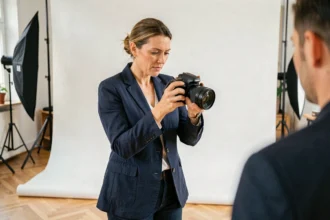 Photographe professionnelle à Melun en consultation avec un client dans un studio photo moderne