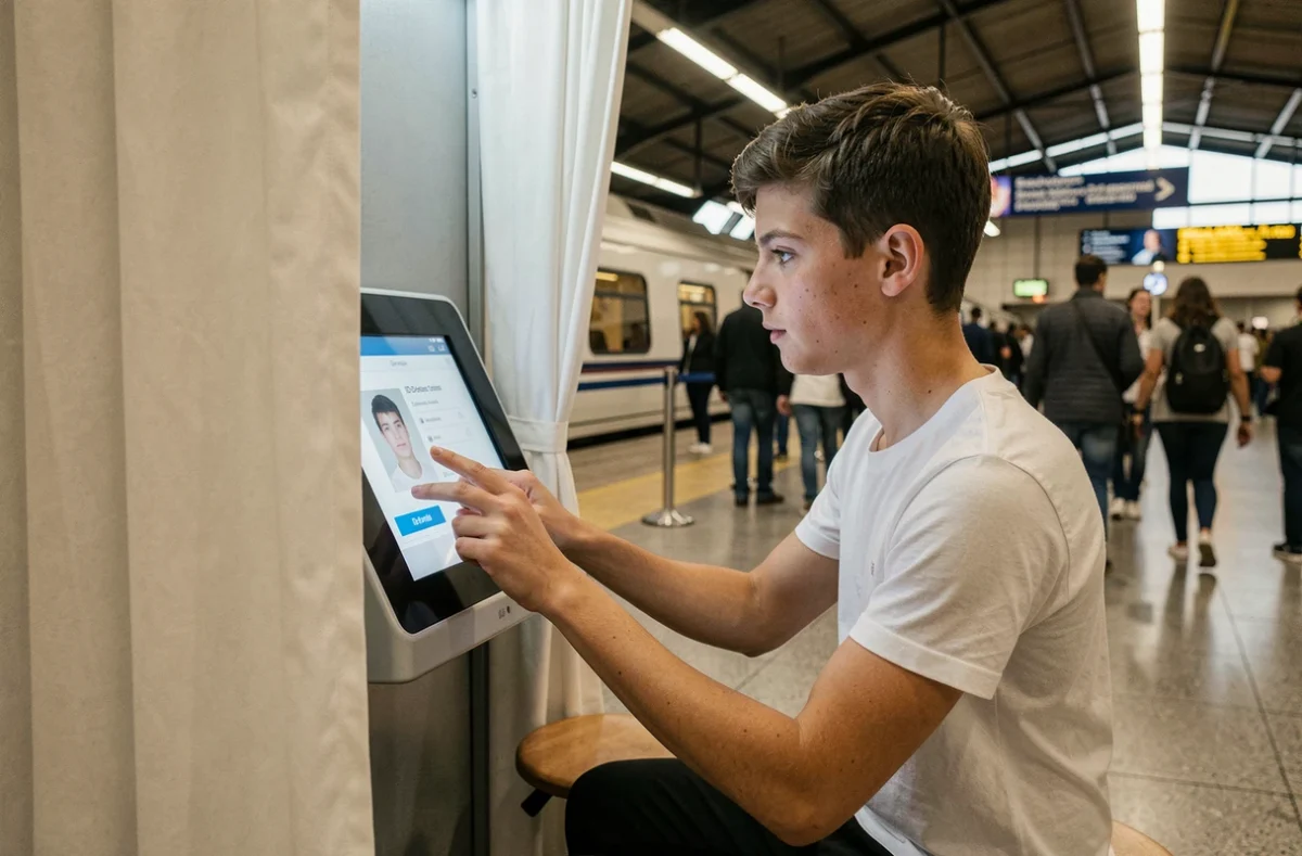 Adolescent utilisant un photomaton libre-service dans une gare pour réaliser sa photo d'identité
