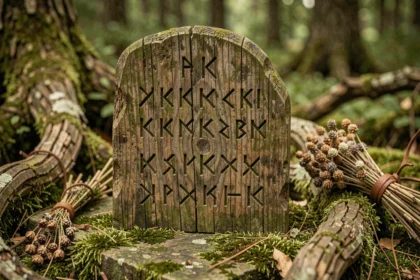 Pierre runique viking sculptée en bois ancien avec des symboles runiques entrelacés posée sur de la mousse en forêt scandinave