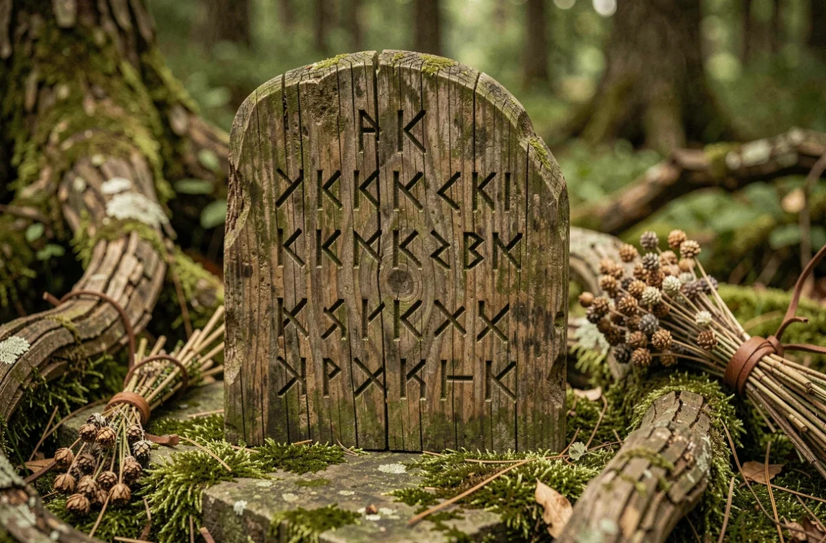 Pierre runique viking sculptée en bois ancien avec des symboles runiques entrelacés posée sur de la mousse en forêt scandinave