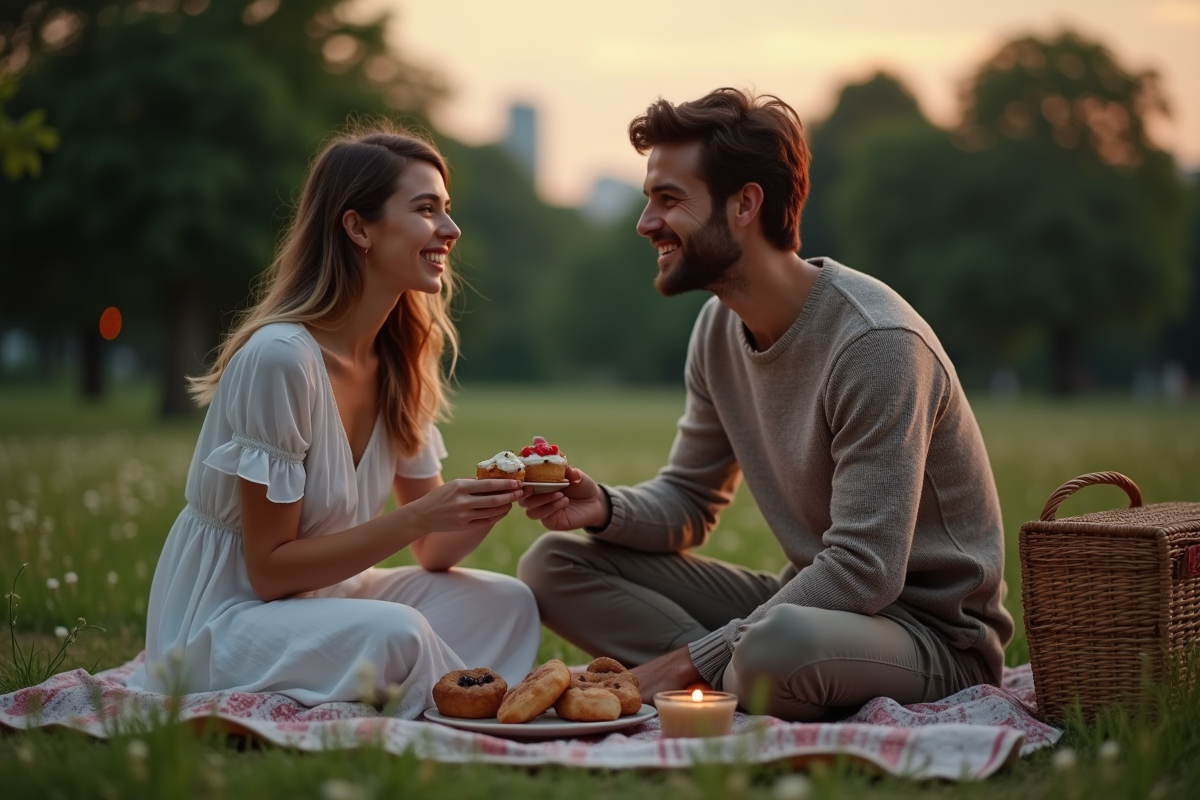 Jeune couple partageant un pique-nique au parc au crépuscule