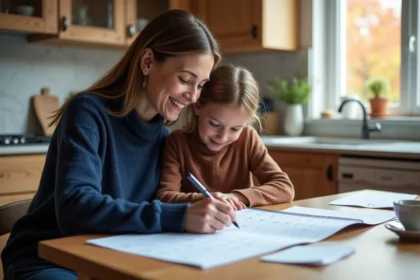 Mère et fille planifiant la garde pendant les vacances scolaires d'octobre autour d'un calendrier sur la table de cuisine