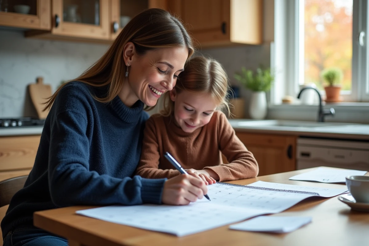 Mère et fille planifiant la garde pendant les vacances scolaires d'octobre autour d'un calendrier sur la table de cuisine
