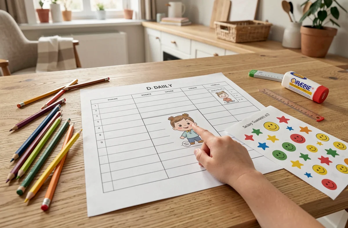 Planning journalier enfant imprimé sur une table avec crayons de couleur et autocollants étoiles