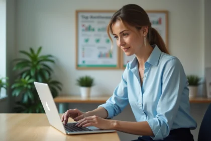 Femme utilisant le portail famille de Toulon sur un ordinateur portable dans un bureau municipal moderne