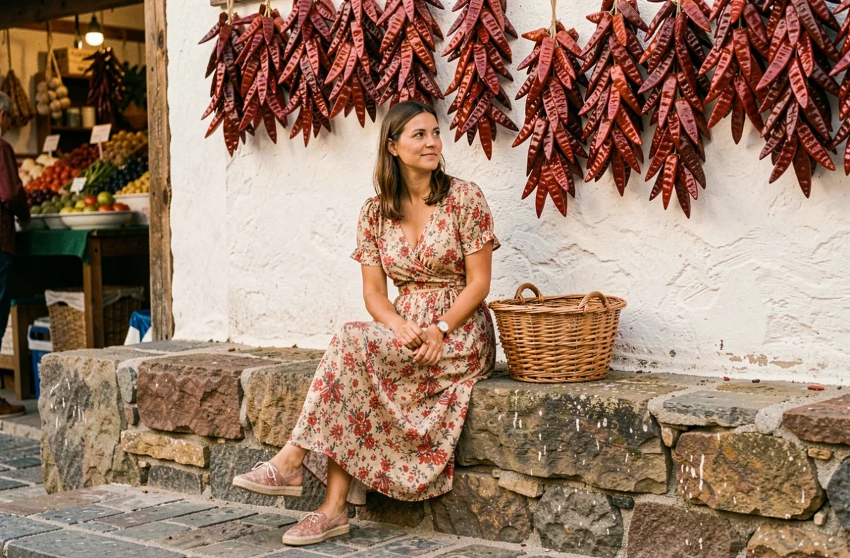 Voyageuse photographiée au marché d'Espelette avec les piments rouges séchés typiques du Pays basque en arrière-plan