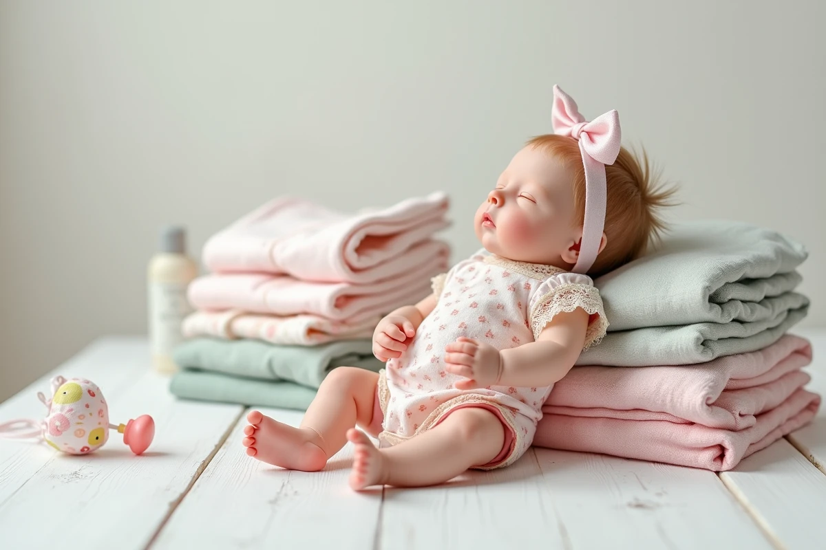 Poupée reborn fille en barboteuse rose florale posée sur des vêtements de bébé pliés vue de dessus style e-commerce