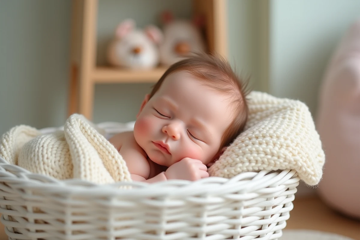 Poupée reborn fille très réaliste posée dans un panier en osier blanc avec couverture tricotée crème dans une chambre de bébé pastel