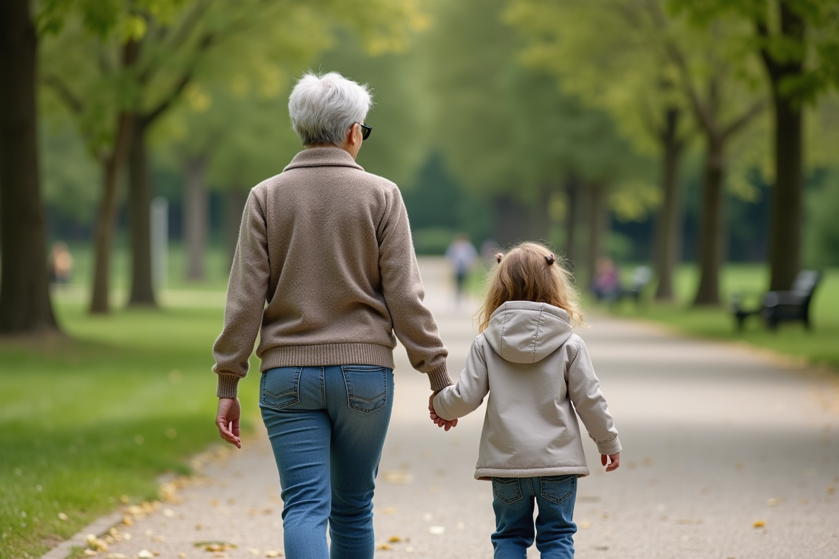 Une grand-mère et une petite fille se promènent main dans la main dans un parc