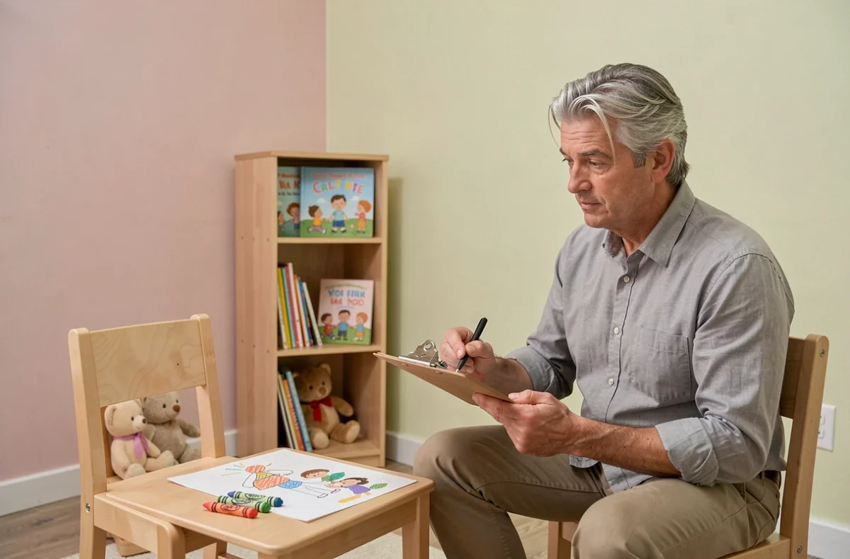 Psychologue pour enfants dans une salle de thérapie lors d'une évaluation dans le cadre d'une procédure de garde parentale