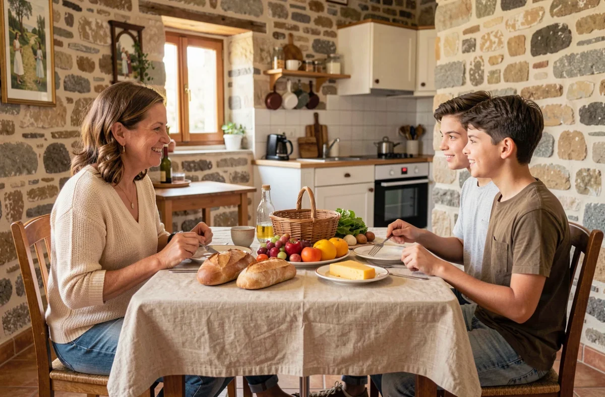 Mère et ses deux enfants adolescents partageant un repas fait maison dans un appartement de location économique en Europe