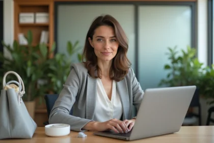 Femme reprenant le travail après un congé maternité avec un tire-lait dans son sac, assise à son bureau dans un open space moderne