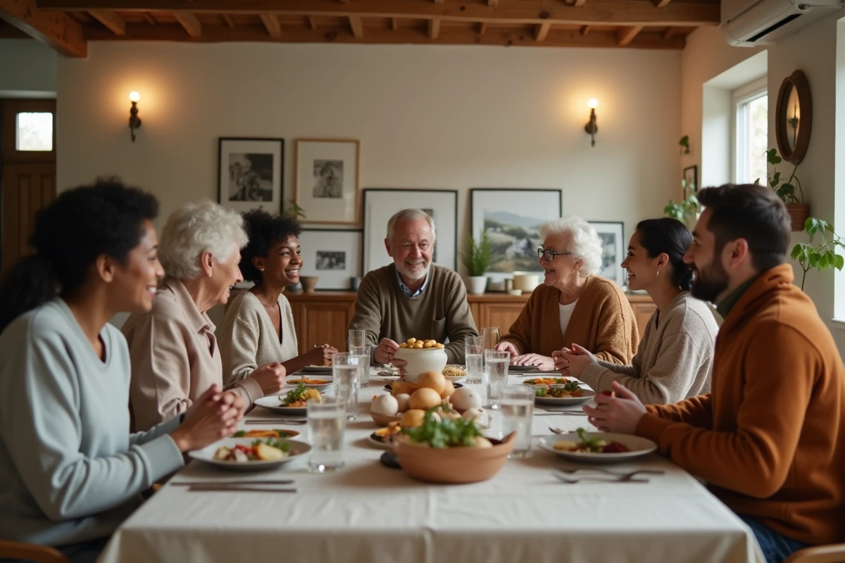 Réunion de famille multigénérationnelle autour d'une grande table à manger, évoquant la vie familiale et les valeurs privées d'Alexis Knief