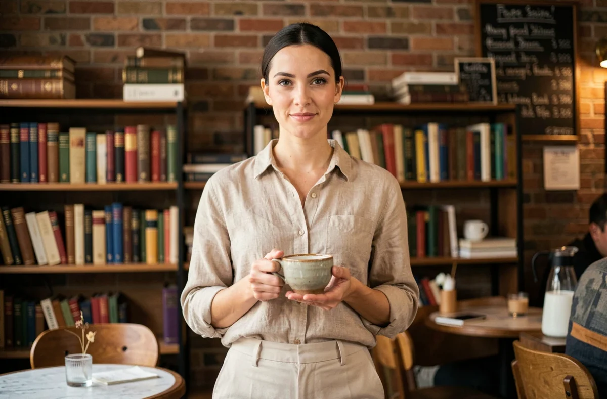 Jeune femme dans un café parisien tenant une tasse de café, ambiance détendue illustrant la vie quotidienne et personnelle d'une personnalité publique