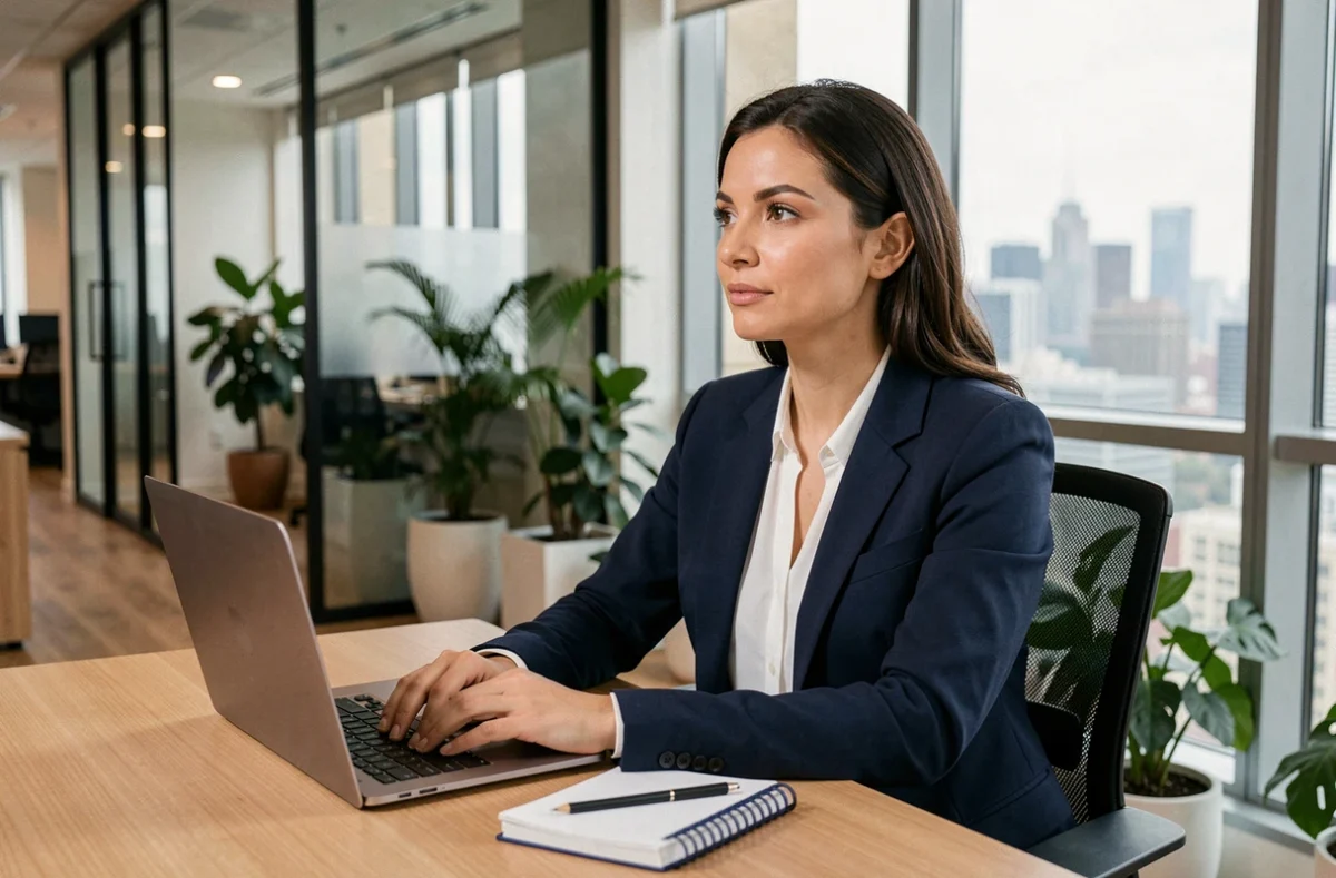 Femme professionnelle en blazer marine assise à un bureau moderne, illustrant le thème de la vie publique et personnelle de Rym Ben Ameur