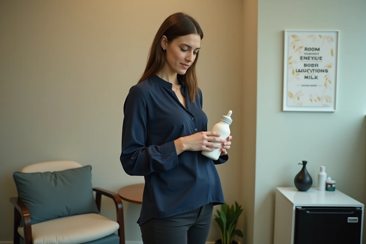 Mère allaitante dans une salle dédiée à l'expression du lait maternel au travail, tenant un biberon de lait stocké