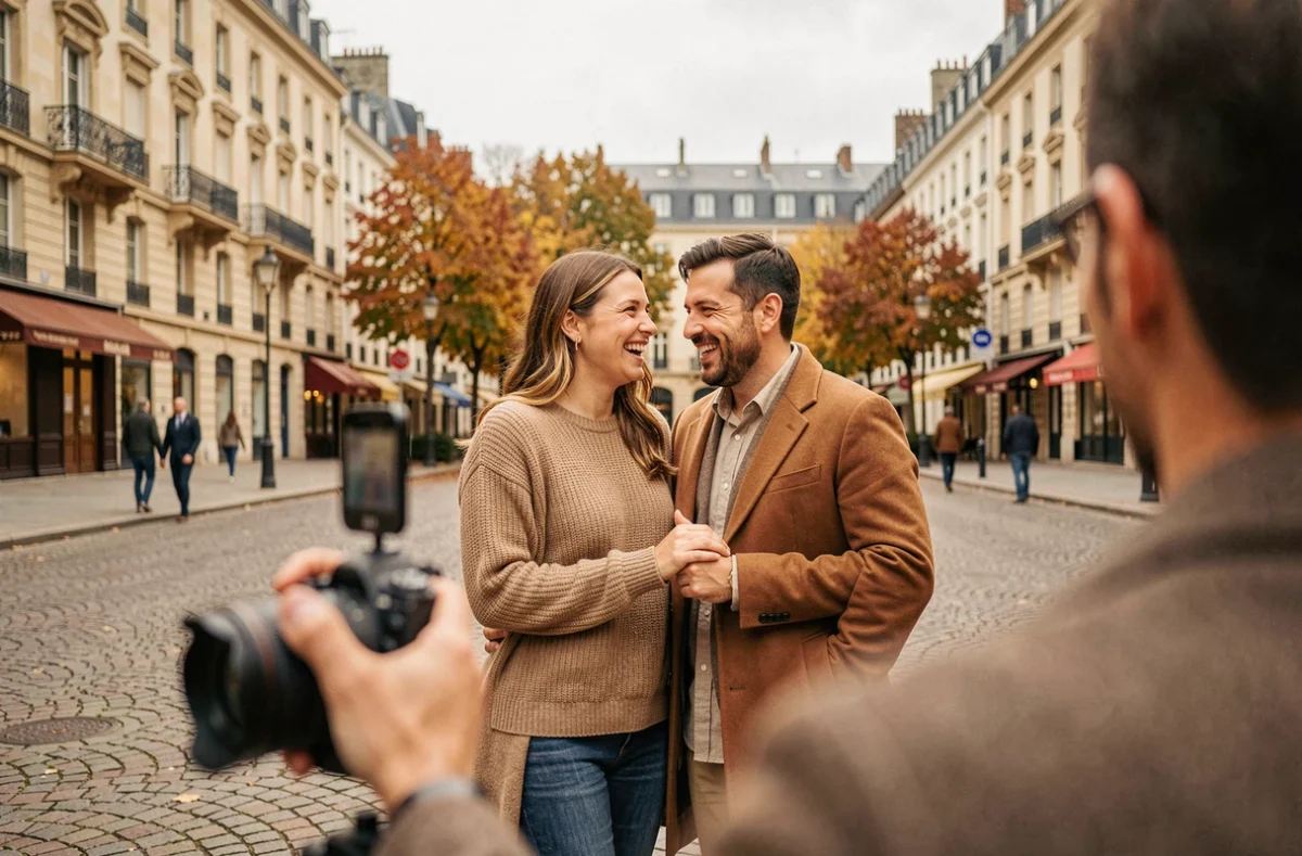 Couple souriant photographié en séance photo dans une place urbaine typique de Melun en automne