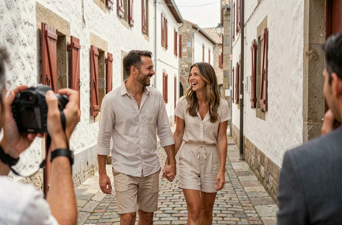 Couple en séance photo dans les ruelles de Saint-Jean-de-Luz avec façades blanches et volets rouges basques