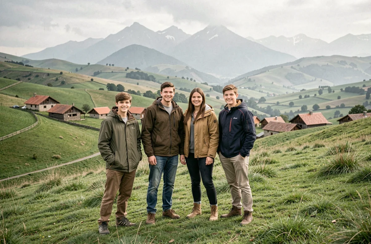 Séance photo de famille sur les collines basques avec vue sur la Rhune et les fermes traditionnelles en arrière-plan