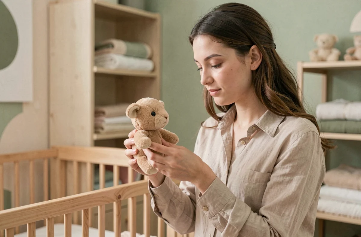 Mère examinant attentivement un doudou en peluche hypoallergénique dans une chambre de bébé cosy aux tons pastel