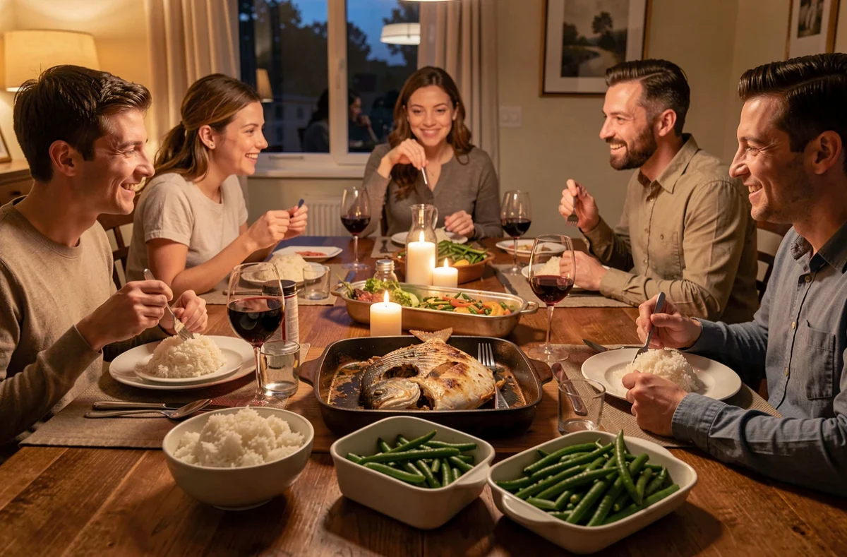 Table familiale avec un plat de poisson et des légumes