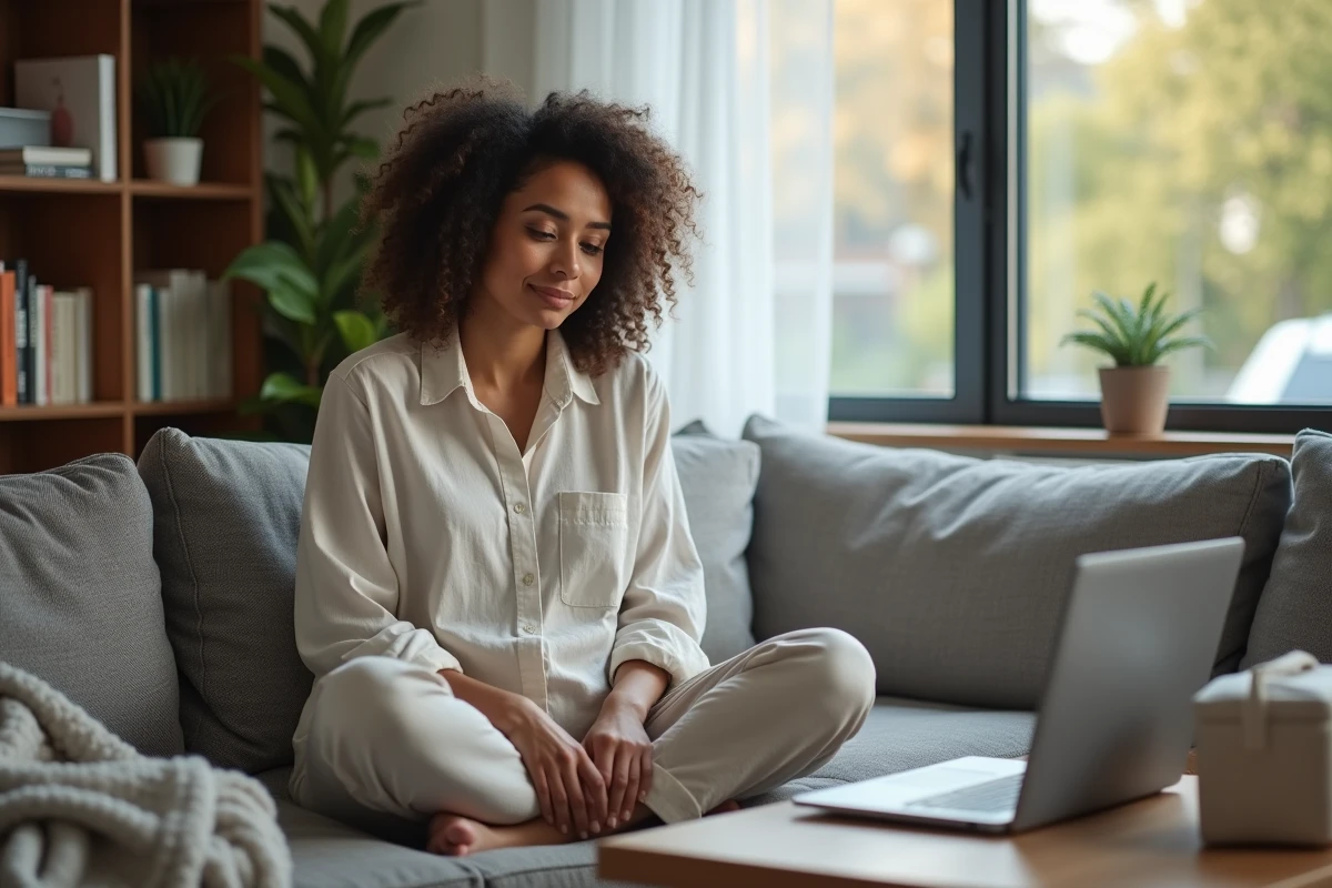 Mère en télétravail après son congé maternité, allaitant et travaillant depuis son salon avec un tire-lait à portée de main