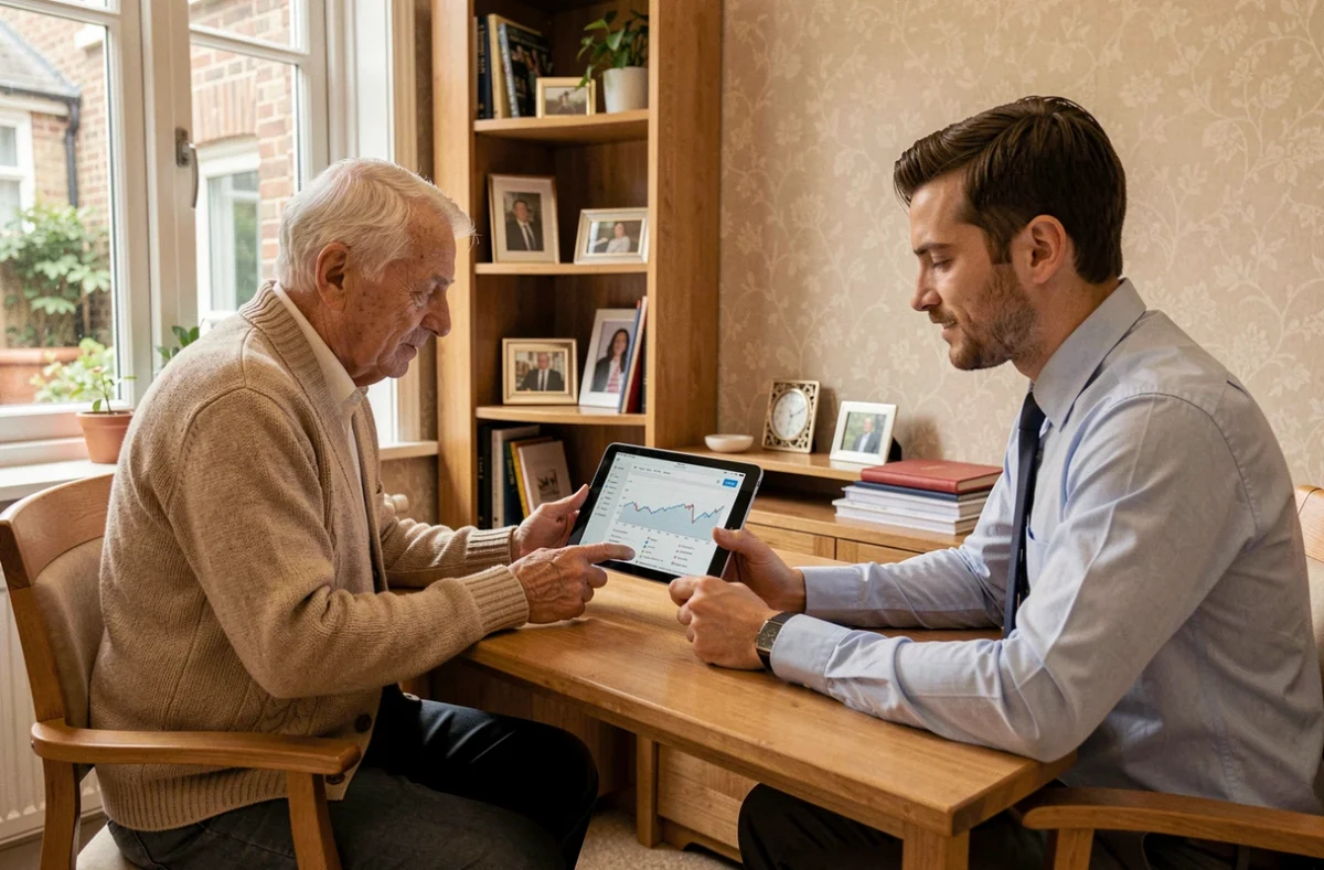 Personne sous tutelle et son mandataire judiciaire consultant une interface de gestion financière protégée sur tablette