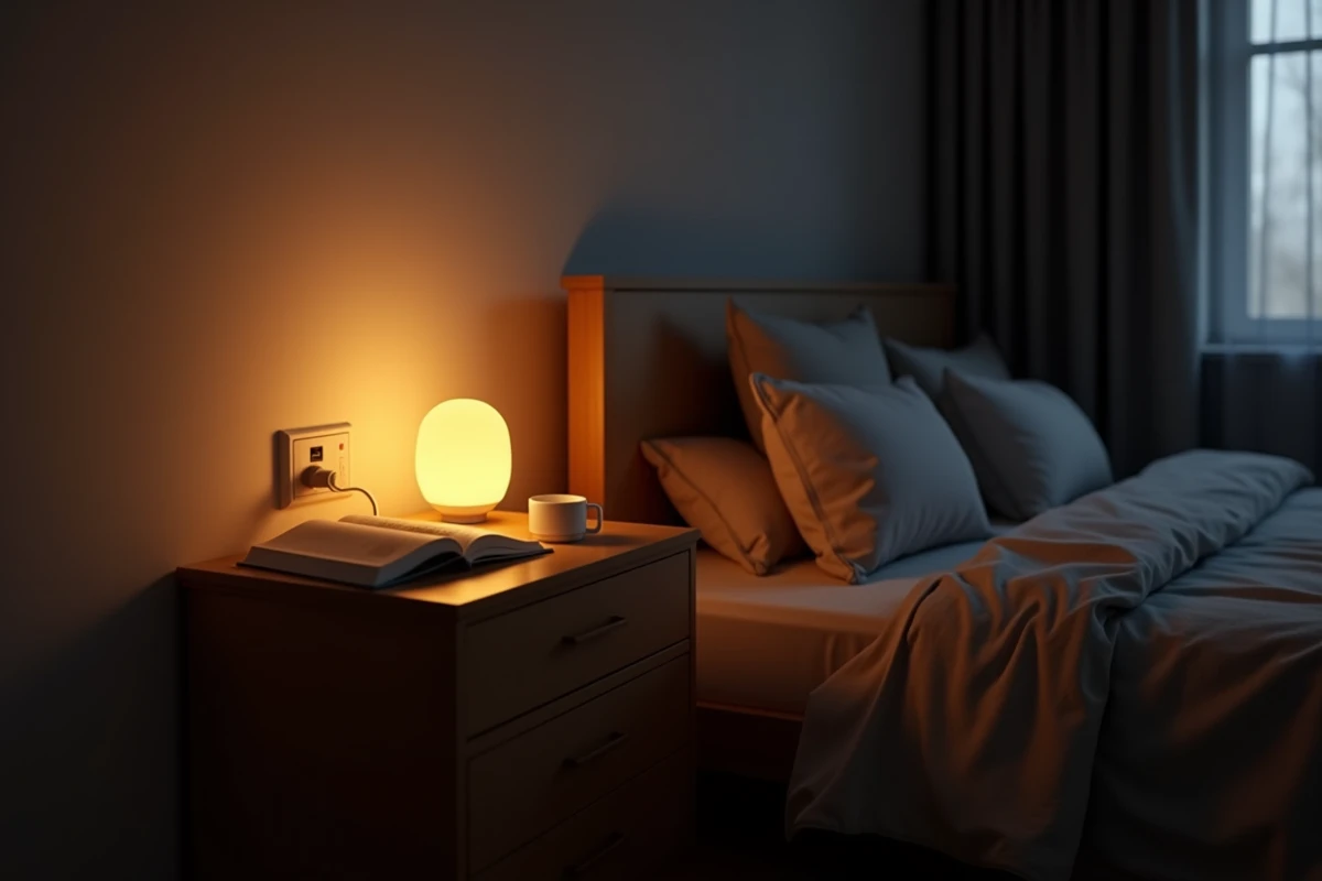 Veilleuse LED ambre branchée dans une chambre à coucher moderne pour faciliter l'endormissement la nuit