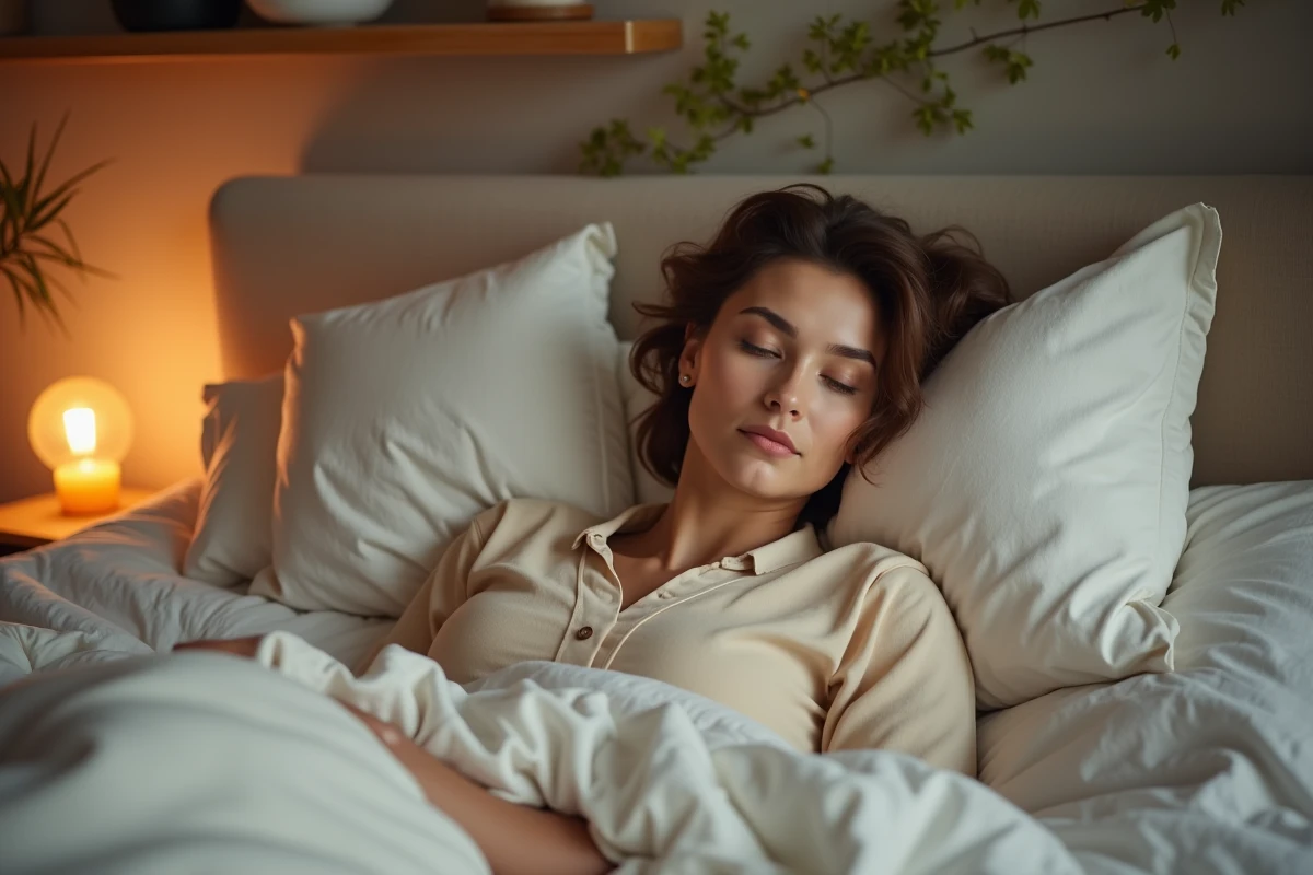 Femme endormie paisiblement dans une chambre éclairée par une veilleuse à lumière ambrée favorisant l'endormissement