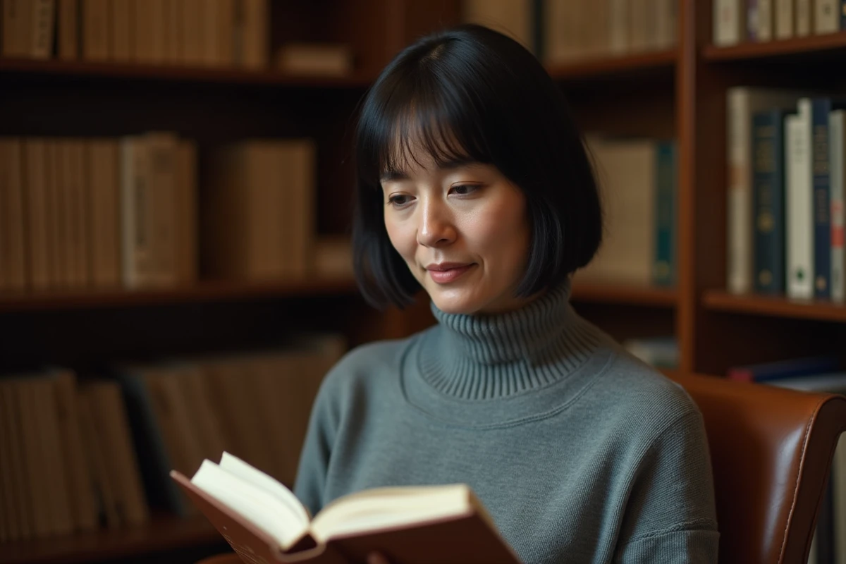 Femme concentrée lisant dans une bibliothèque privée et silencieuse, symbolisant la réserve personnelle et intellectuelle d'une journaliste comme Véronique Jacquier