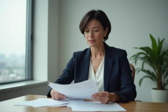 Femme journaliste posée et réservée assise à son bureau dans un bureau éditorial minimaliste, illustrant la discrétion médiatique de Véronique Jacquier