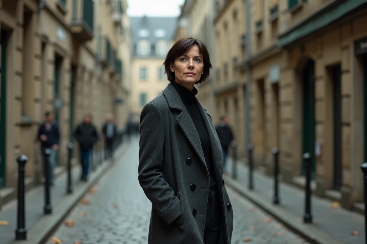 Femme élégante et discrète marchant seule dans une rue pavée européenne en automne, évoquant la vie privée préservée d'une personnalité médiatique réservée
