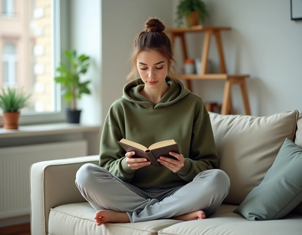 Femme lisant tranquillement chez elle dans un appartement minimaliste, évoquant la protection de la vie privée d'une personnalité publique