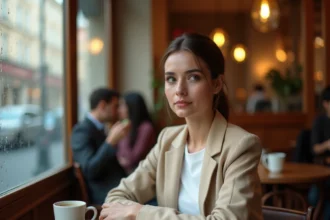 Femme dans un café parisien regardant discrètement de côté, illustrant la notion de vie privée et de curiosité des fans