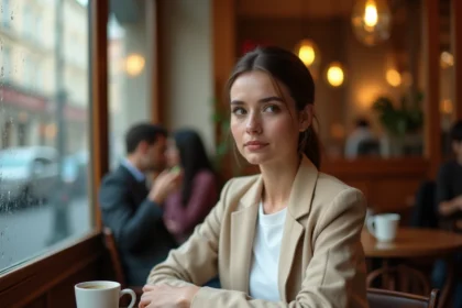 Femme dans un café parisien regardant discrètement de côté, illustrant la notion de vie privée et de curiosité des fans