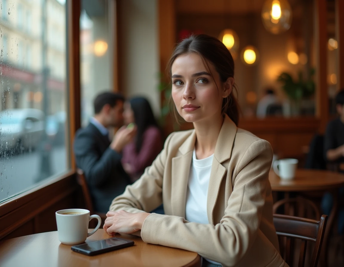 Femme dans un café parisien regardant discrètement de côté, illustrant la notion de vie privée et de curiosité des fans